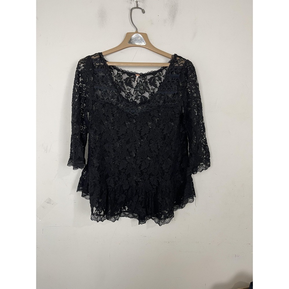 Free People Blouse Women Small Black Lace Peplum Gothic Whimsigoth Dark Coquette